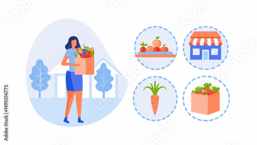 Woman holding shopping bag with fruits and vegetables with farm market icons in the background scene