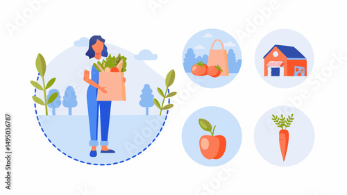 A woman holding a grocery bag with vegetables and fruits with icons of local farm products around her