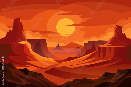 sunset over rocky desert canyon deep orange hues vector illustration