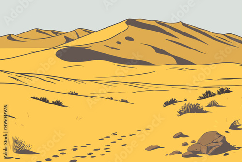 Vast desert with rolling sand dunes under a clear sky vector illustration