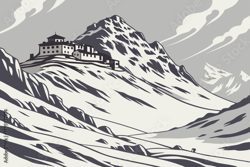 Distant monastery perched on top of a snowy peak vector illustration