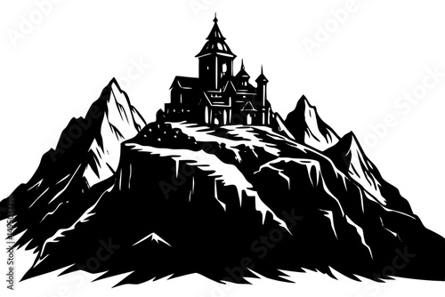 distant monastery on top of snowy peak vector illustration