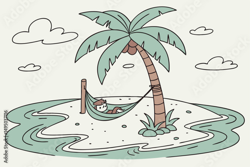 tiny island with single palm tree and hammock vector illustration