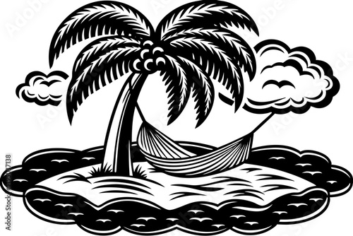 tiny island with single palm tree and hammock vector illustration