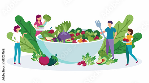 People surrounding a large bowl filled with various fruits and vegetables and leafy green plants around it