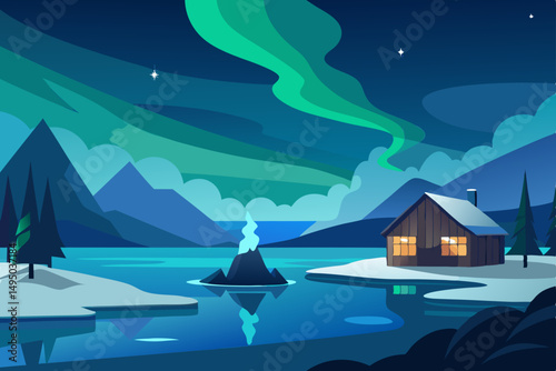 Frozen lake under the northern lights with a cabin vector illustration