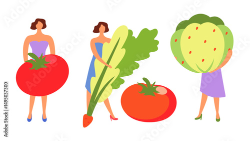 Three women holding oversized vegetables including tomato, lettuce and kohlrabi in a colorful scene
