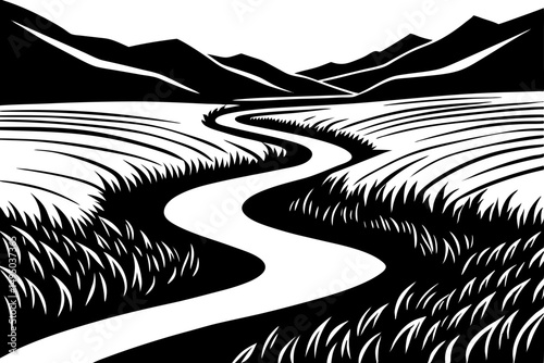 winding river through vast golden open plain vector illustration