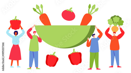 People holding a large bowl filled with carrots and other vegetables in a colorful illustration style