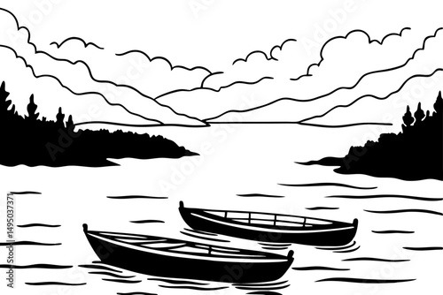 Misty Lake at Dawn with Wooden Boats Gently Floating Vector Illustration