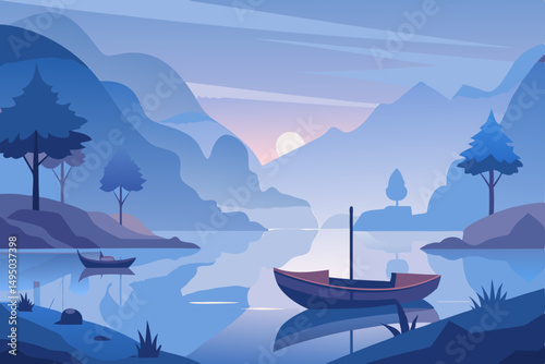 Misty lake at dawn with wooden boats gently floating vector illustration