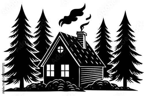 remote cabin in deep forest with curling smoke vector illustration