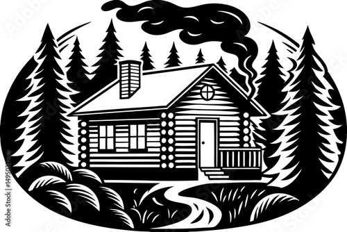 remote cabin in deep forest with smoke curling vector illustration