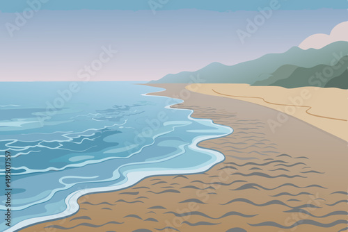 Foggy morning on a quiet beach with gentle waves lapping vector illustration