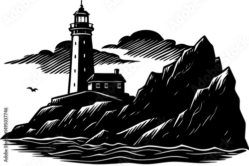 Lonely lighthouse standing on a rocky cliff vector illustration