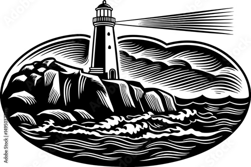 Lonely lighthouse standing on a rocky cliff vector illustration