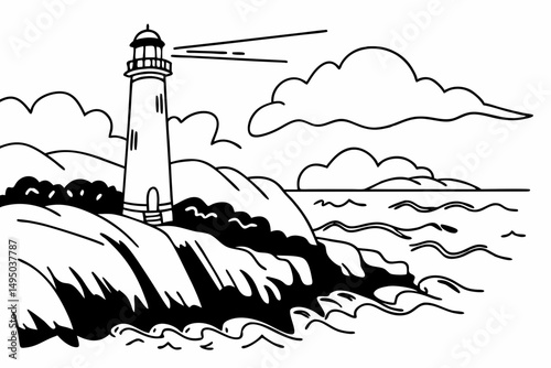 Lonely Lighthouse Standing on Rocky Cliff Vector Illustration