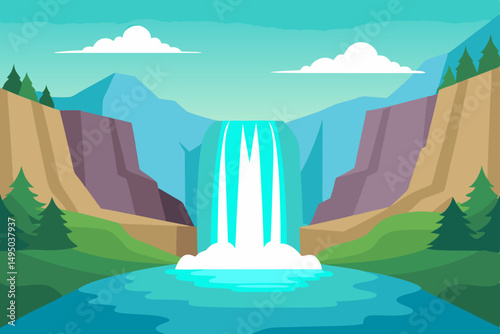 crystal clear lagoon with flowing waterfall vector illustration