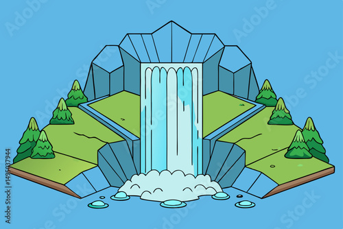 Waterfall flowing into a crystal clear lagoon vector illustration