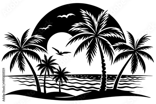 Sunset over tropical beach with swaying palm trees vector illustration