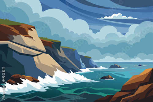 Rocky coastline with crashing waves under a cloudy sky vector illustration