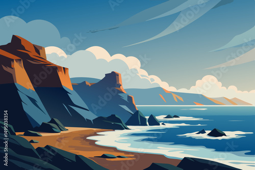 Rocky coastline with crashing waves under cloudy skies vector illustration