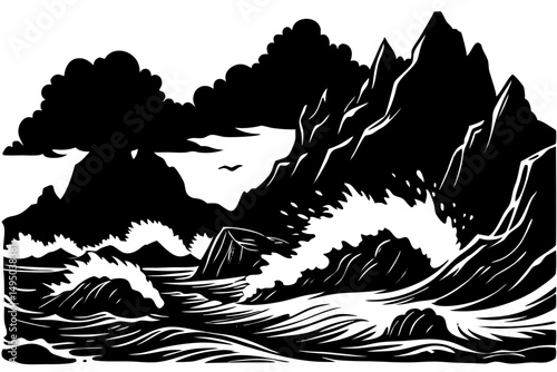 Rocky Coastline with Crashing Waves Under Cloudy Sky Vector Illustration