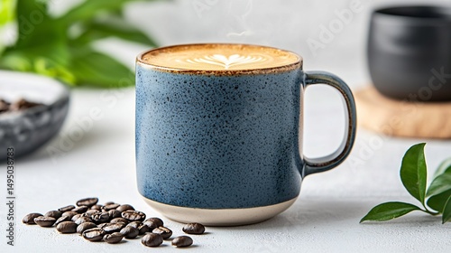 Aromatic coffee in a textured mug. Steam rises from a latte art design