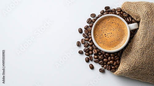 Aromatic coffee in a white mug, surrounded by coffee beans