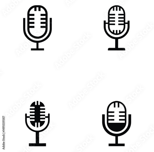 A diverse set of retro and vintage microphone icons for music, sound, and audio recording