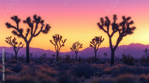 Joshua tree silhouettes with characteristic spiky branches against stunning sunset gradient sky desert grasses mountain ridge golden orange pink purple hues wilderness scenic southwestern landscape