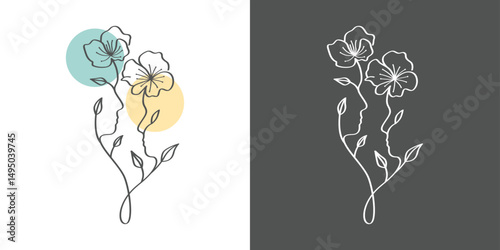 Couple flower line art logo. Two flowers symbolizing man and woman connected as one. Elegant design for relationship coaching and therapy.