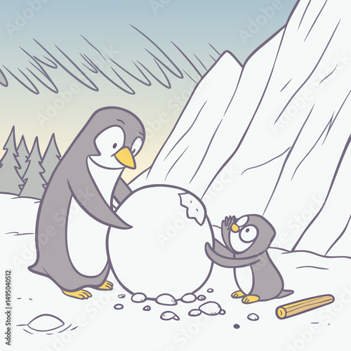 Cute penguin family happily building a snowman together in winter.
