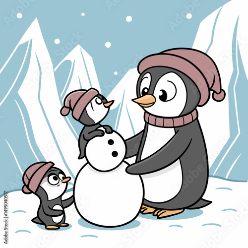 Cute penguin family happily building a snowman together in winter.