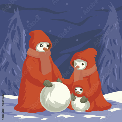 Cute penguin family happily building a snowman together in winter.