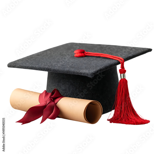 Dark gray graduation cap and a rolled diploma with a red ribbon. The image is a symbolic representation of academic achievement.
