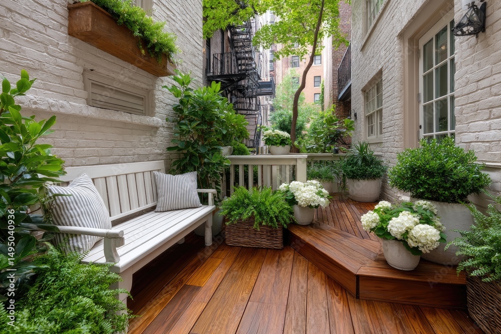 Naklejka premium A small courtyard garden with a wooden deck, potted plants, and a wood seating area