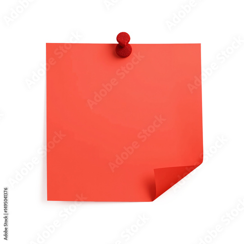 A blank red sticky post-it note pad with a red pushpin on an office cork board for a business reminder message list