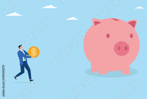 Vector illustration of a businessman depositing money into a piggy bank, symbolizing financial discipline
