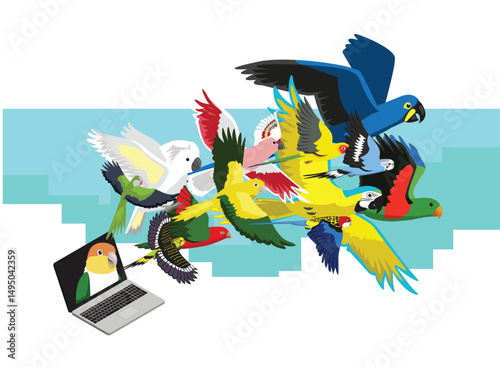 Parrots flying out of the laptop vector illustration