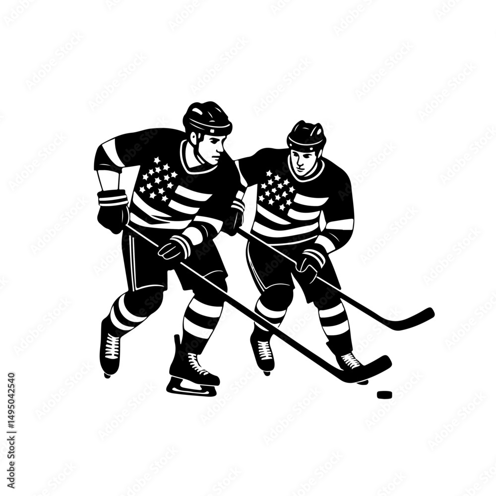 Fototapeta premium Hockey player silhouette vector, silhouette, sport, hockey, ski, player, vector, illustration, winter, ice, skier, skiing, sports, people, stick, black, action, game, athlete, activity, competition, b