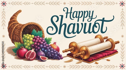 Happy Shavuot: Festive Celebration with Fruits and Torah Scrolls
