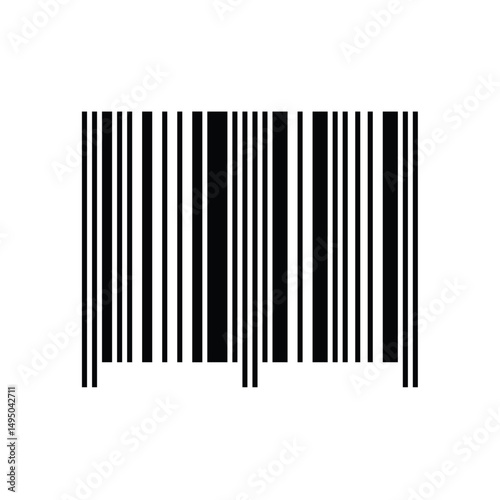 Black barcode icon, Product identification symbol, Retail barcode vector, Scan label graphic, Inventory tracking code, Linear barcode design, Commercial product code, vector illustration.