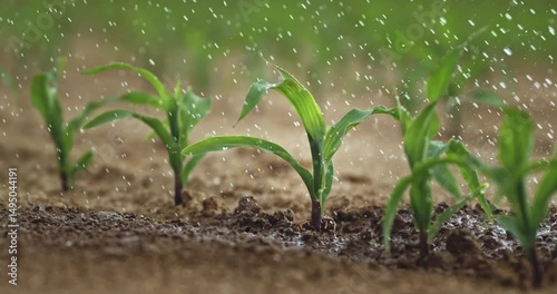 Super Slow Motion Close-Up of Corn Seedling Sprinkled with Water. Young Green Plant Growing in Soil While Getting Hydrated in Sunlight, Concept of Farming, Growth, Nature, and Sustainable Agriculture.