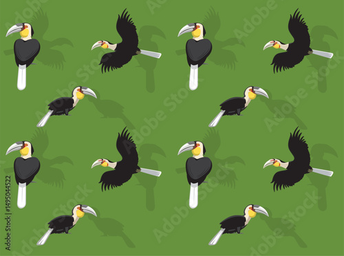 Bird Wreathed Hornbill Cartoon Character Seamless Wallpaper Background