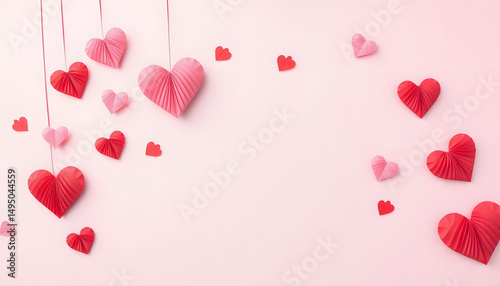 Romantic Valentine’s Day website banner featuring a cascade of delicate pink and crimson origami hearts floating gracefully across a dreamy pastel pink backdrop, aerial perspective, ample text space