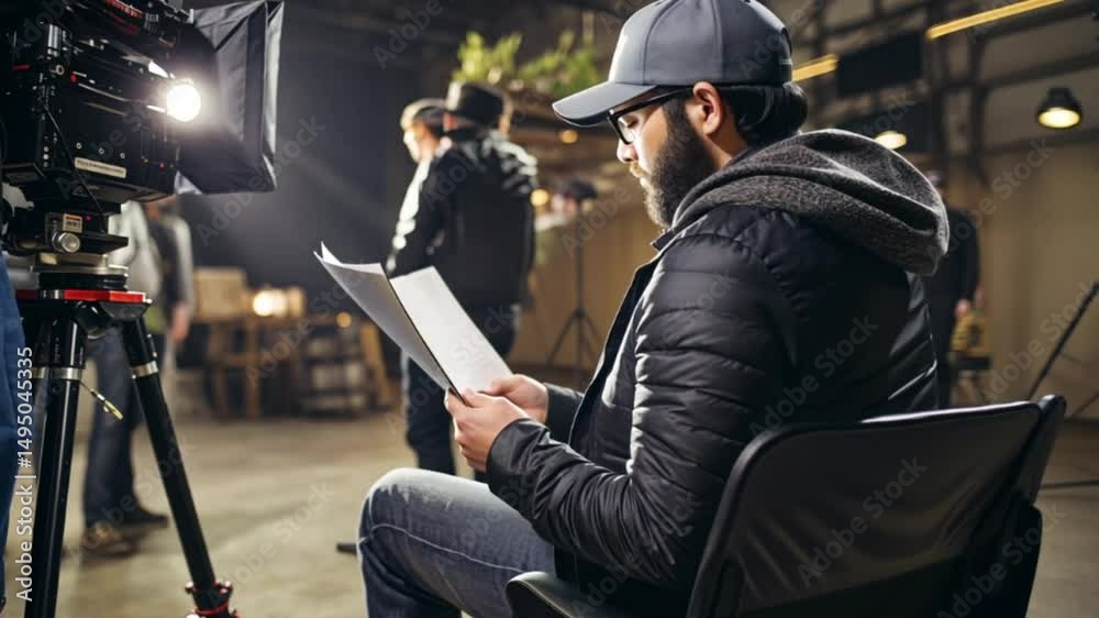 Man in casual clothing reading a script backstage under warm industrial lighting.