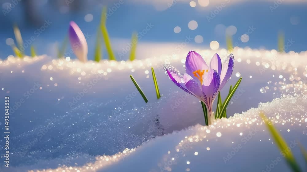 Crocus blooms through winter snow
