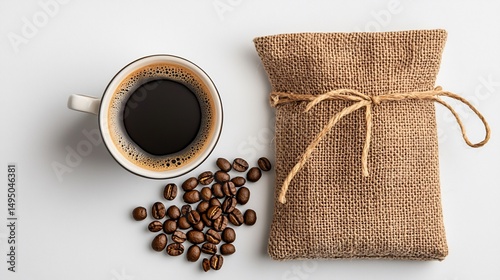 Coffee beans in a burlap bag with a cup of coffee