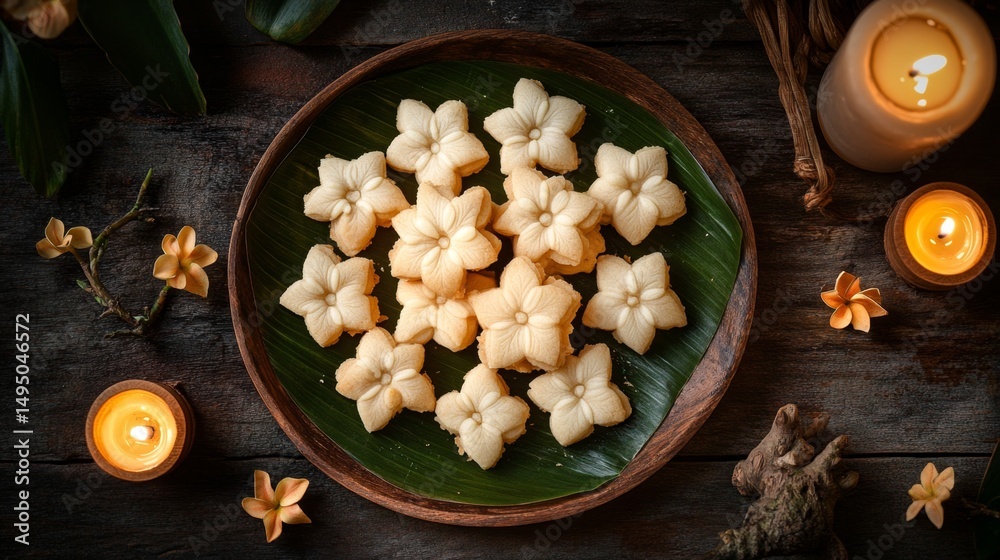Fototapeta premium Exquisite Kanom Kleeb Lumduan Delicate Shortbread Dessert Display